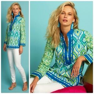 NicoBlu Nicobar Tunic Top in Jungle Green Ikat, Women's Size Large Blouse